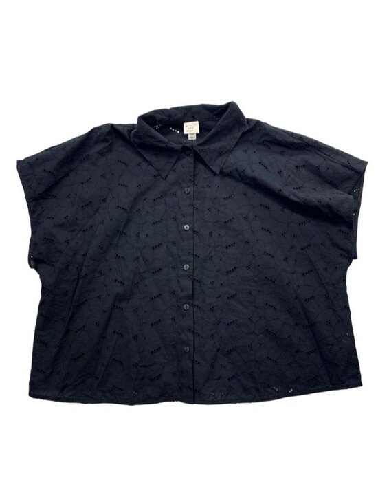 Tops - Black Eyelet Blouse Short Sleeve Button Up Cotton Feminine